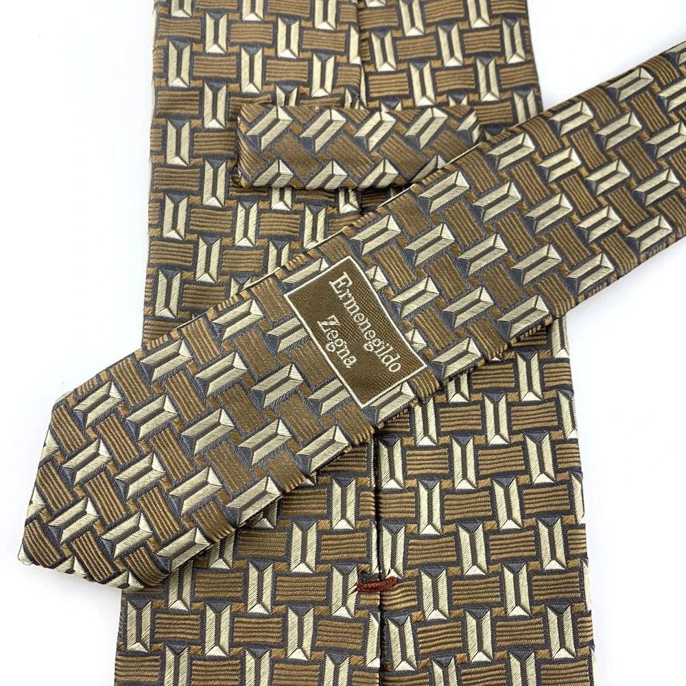 Ermenegildo Zegna Mens Tie Bronze & Gold‎ Geometric Repp 100% Silk Necktie